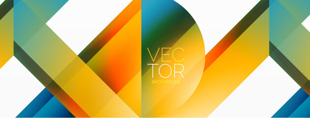 Vibrant color triangles and circles on white background intertwine to create captivating and harmoniously balanced composition for digital designs, presentations, website banners, social media posts