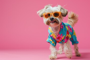 Cute dog wearing colorful clorhes on pink background  - obrazy, fototapety, plakaty