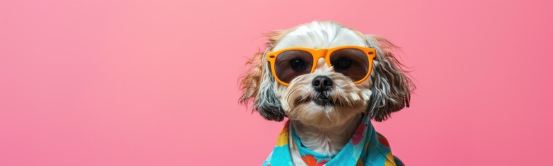 Cute dog wearing colorful clothes dancing on pink background. Banner - obrazy, fototapety, plakaty