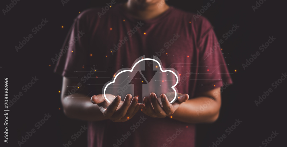 Aufkleber Cloud Computing Technology Internet Storage Network Concept, man hands holding virtual icon cloud. Data transfer..