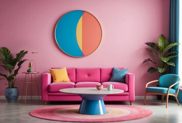 Pink sofa and round coffee table against multicolored stucco wall with round art frame mockup and copy space. Colorful, playful pop art style home interior design of modern living room.