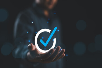 Hand shows the sign of the top service Quality assurance, ISO certification and standardization concept. Guarantee, Standards.