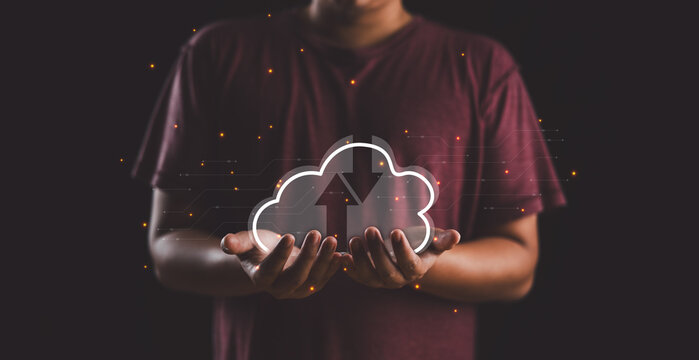 Cloud Computing Technology Internet Storage Network Concept, man hands holding virtual icon cloud. Data transfer..