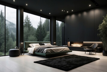 Minimalistic matte black mansion bedroom, view of a pale green alpine forest, luxury but minimal, everything matte black, warm white lighting in corners - obrazy, fototapety, plakaty
