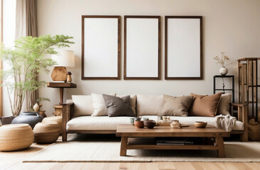 Wooden rustic sofa with beige pillow with three big poster wood frame mock up with copy space