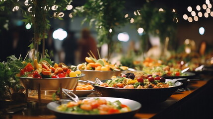 Catering buffet meals in the restaurant with meat, salads and vegetables, various delicious dishes...