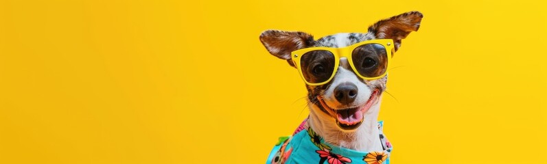 Cute dog on yellow background . Banner