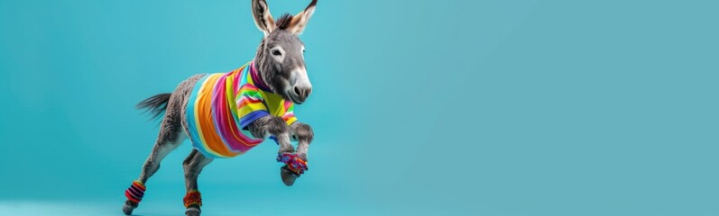 Donkey wearing colorful clothes dancing on blue background . Banner - obrazy, fototapety, plakaty