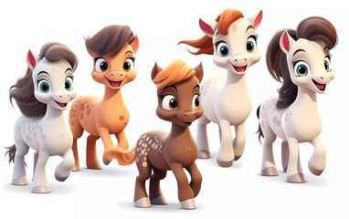 collection of 3d illustrations of cute cartoon foals, in various styles, on a white background. generative ai
