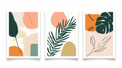 Abstract geometric, natural shapes poster set in mid century style. Modern illustration: tropical palm leaf, geo elements for minimalist print, poster, boho wall decor of art illustration framed set
