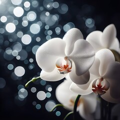 White phalaenopsis orchid flower on bokeh of black background.
