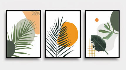 Abstract geometric, natural shapes poster set in mid century style. Modern illustration: tropical palm leaf, geo elements for minimalist print, poster, boho wall decor of art illustration framed set,