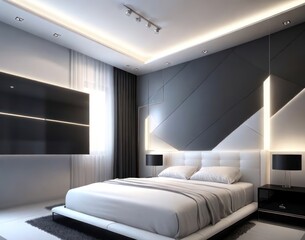 3d render of bedroom in modern style with black and white wall