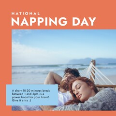 Composition of national napping day text over caucasian couple sleeping in hammock - obrazy, fototapety, plakaty