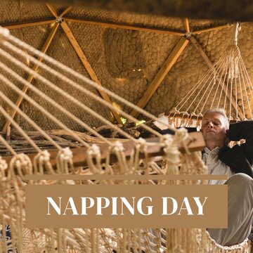 Composition of napping day text over caucasian man sleeping in hammock