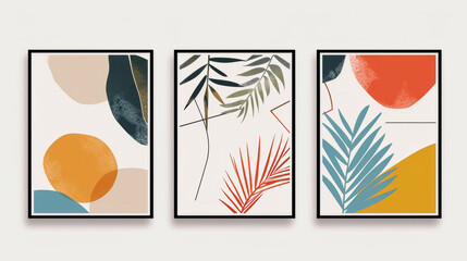 Abstract geometric, natural shapes poster set in mid century style. Modern illustration: tropical palm leaf, geo elements for minimalist print, poster, boho wall decor of art illustration framed set