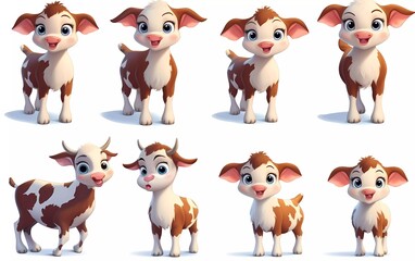 collection of 3d illustrations of cute cartoon bull cubs, in various styles, on a white background. generative ai