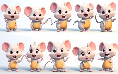 collection of 3d illustrations of cute cartoon mice, in various styles, on a white background. generative ai