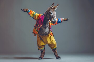 Donkey wearing colorful clothes dancing on grey background . 