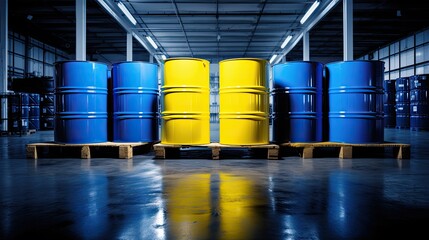 Stacked blue oil barrels, Industrial concept