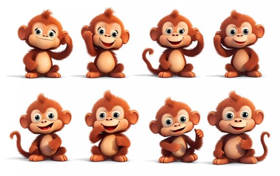 collection of 3d illustrations of cute cartoon monkey children, in various styles, on a white background. generative ai