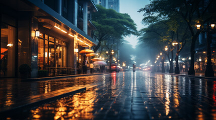 Fototapeta na wymiar blur city street with building light at night time, Generative Ai