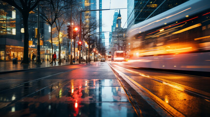 Fototapeta na wymiar blur city street with building light at night time, Generative Ai