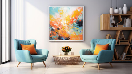 cheerful and happy mood living room idea of home decor design with colorful abstract painting art wall hanging picture, Generative Ai