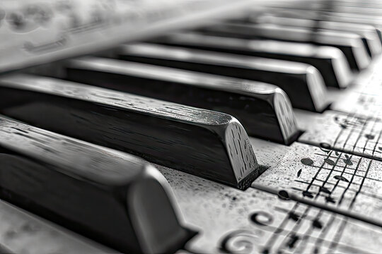 Monochrome piano keys close up, generative ai