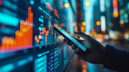 professional trading or financial portfolio management and planning for business performance growth, mobile app and screens chart analysis concept. Generative Ai