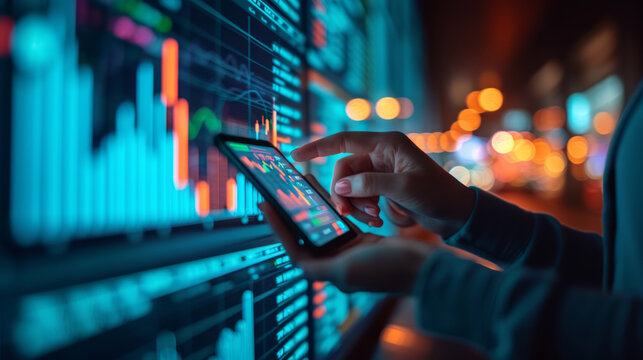 professional trading or financial portfolio management and planning for business performance growth, mobile app and screens chart analysis concept. Generative Ai