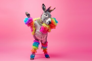 Donkey wearing colorful clothes dancing on pink background . 