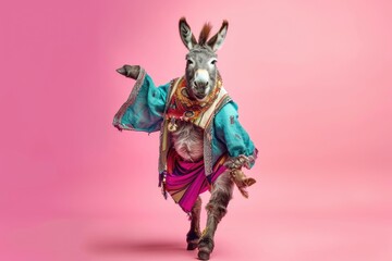 Donkey wearing colorful clothes dancing on pink background .  - obrazy, fototapety, plakaty