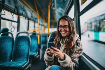 Photo a person using smartphone on the bus - obrazy, fototapety, plakaty