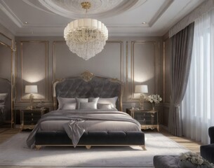 Luxury bedroom interior in classic style. 3d render.