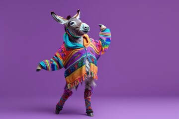 Donkey wearing colorful clothes dancing on purple background.  - obrazy, fototapety, plakaty