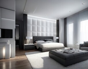 3d render of bedroom in modern style with black and white wall