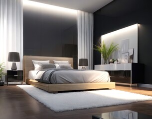 Fototapeta premium 3d render of bedroom in modern style with black and white wall