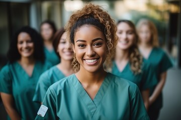 A group of diverse female healthcare professionals smiling