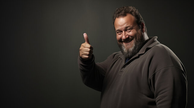 The big man shows a like with his right hand.