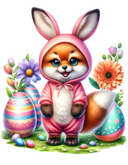 Cute Fox in Easter Bunny Costume with Easter Eggs and Flowers Watercolor Clipart on Transparent Background. Happy Easter Clipart.