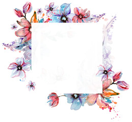 Pink and blue watercolor spring floral frame. PNG transparent hand painted illustration