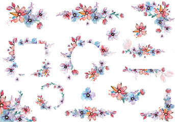 Pink and blue watercolor hand painted floral set. Spring frames, individual elements, borders, corners. PNG transparent design elements