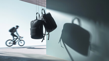Backpacks suspended in the air with a cyclist in motion in the background, illustrating concepts of bicycle travel, remote work, and bike delivery