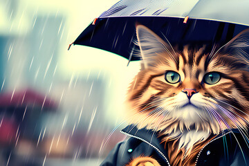 A moody cat holding an umbrella on a rainy day. Generative AI