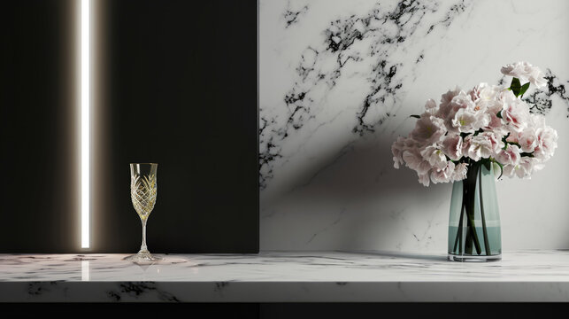 An elegant composition featuring a crystal glass and a vase with full blooms, accented by a stark LED light