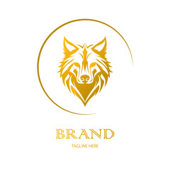 Wolf logo template. Vector. Golden yellow. Front view of a symmetrical wolf, looking dangerous. Vector icon