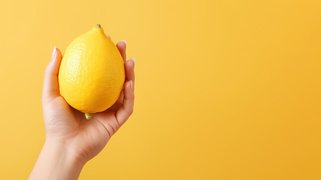 Hand holding lemon fruit isolated on pastel background