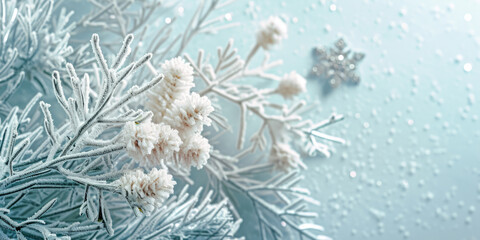Frosted branches and pine cones against a cool blue backdrop create a wintry scene, reminiscent of a crisp, serene snowscape