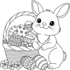 Easter Bunny and a basket of decorated Easter egg coloring page